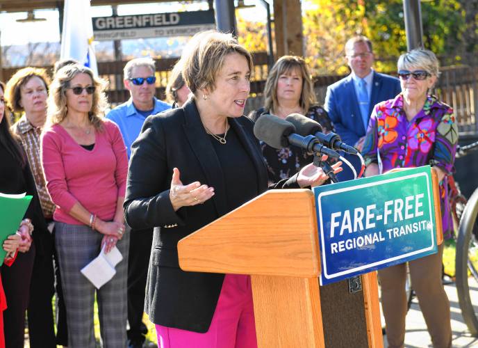 Massachusetts Gov. Maura Healey was at the John W. Olver Transit Center in Greenfield on Thursday to announce fare-free regional transit.