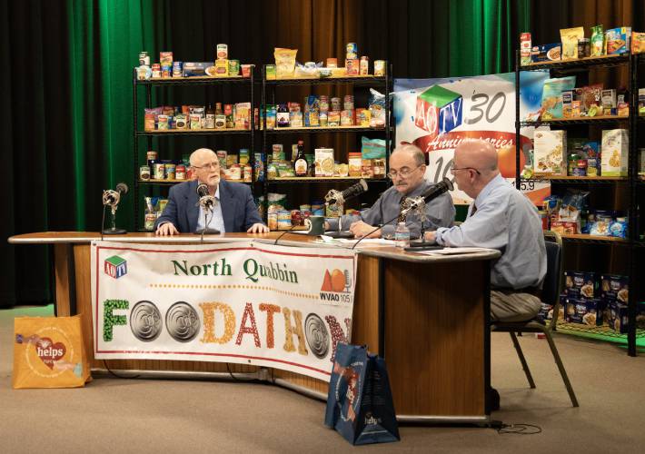 The North Quabbin Food-A-Thon, a 12-hour community fundraiser supporting local food pantries, marked its 22nd year last week. The event was broadcast on AOTV Channel 1301 and WVAO 105.9 FM. Here, Mitchell Grosky of Athol speaks with Donn Deane and brother Jay Deane who have been hosting the North Quabbin Food-A-Thon for many years.