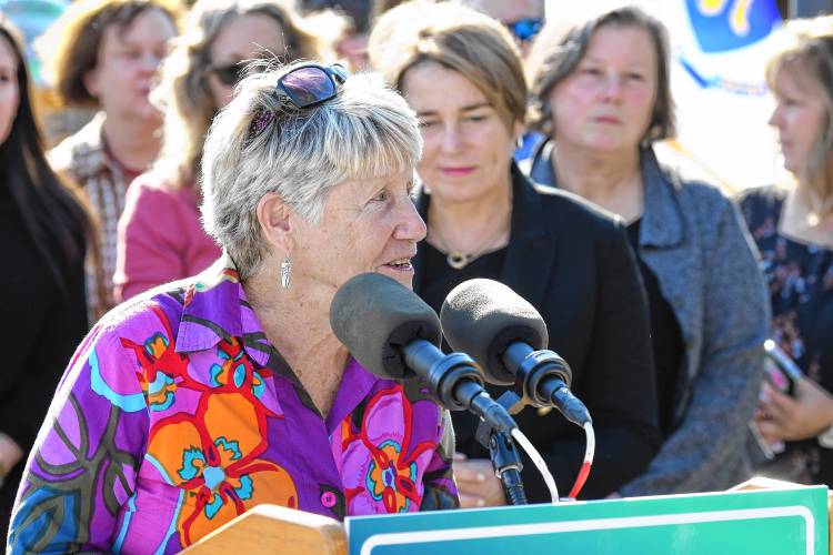 Greenfield Mayor Ginny Desorgher introduces Massachusetts Gov. Maura Healey, who was at the John W. Olver Transit Center in Greenfield on Thursday to announce fare-free regional transit.