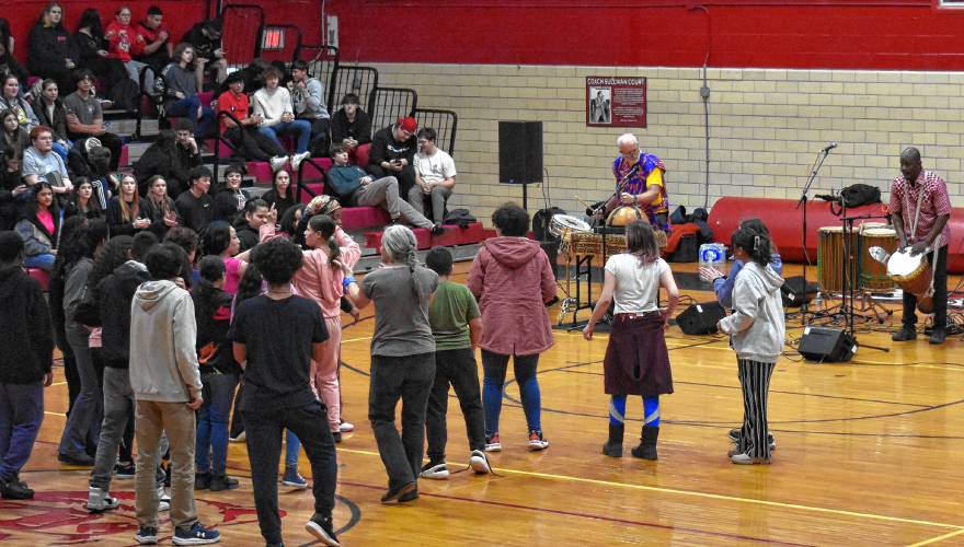 Last week, members of the Crocodile River Drumming Group—a West African music group based in Worcester—held a series of workshops at Athol High School, which culminated in a performance at the end of the day. The event was funded by the Athol Cultural Council and Athol-Royalston Education Foundation. 