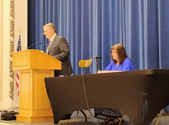 Athol Town Moderator Lawrence McLaughlin and Town Clerk Nancy Burnham oversee Monday's Annual Town Meeting.
