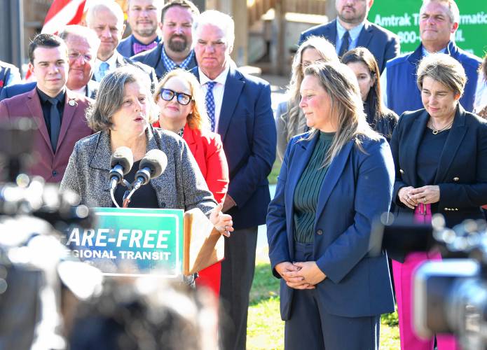 State Sen. Jo Comerford, state Rep. Natalie Blais and Gov. Maura Healey at a press conference announcing fare-free regional transit on Thursday.