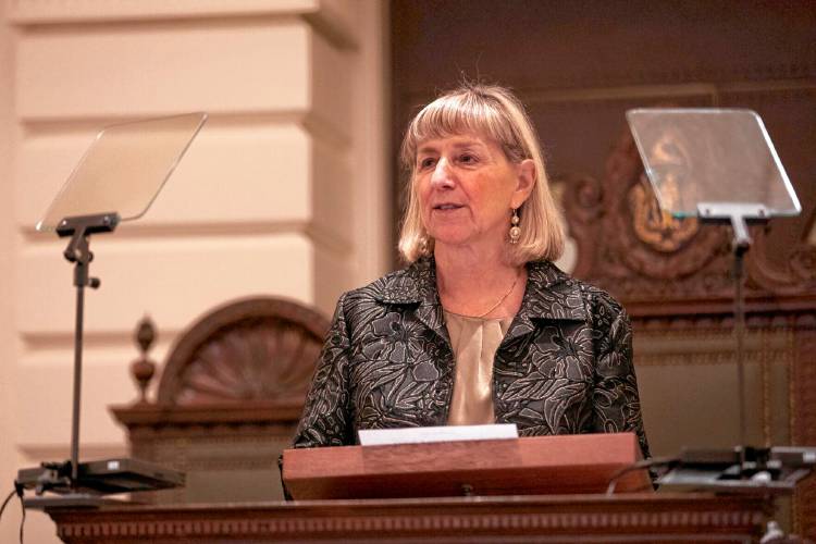 Senate President Karen Spilka addresses her colleagues on Jan. 1, 2025 after winning reelection to the chamber's top post. Senate President Karen Spilka addresses her colleagues on Jan. 1, 2025 after winning reelection to the chamber's top post.