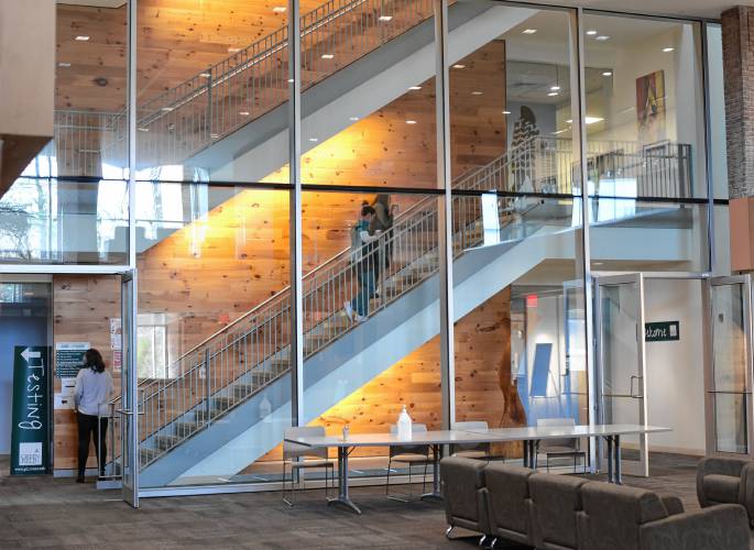The lobby of Greenfield Community College, where the writer is attending through MassReconnect, which provides free tuition for those over 25 without degrees.  