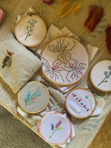Embroidery is one of the many skills youngsters can develop at Fiber Arts Camp, held this July at Growing A Bunch Farm in Ashfield. Participants may also knit, weave, use a drop spindle, or do needle or wet felting.