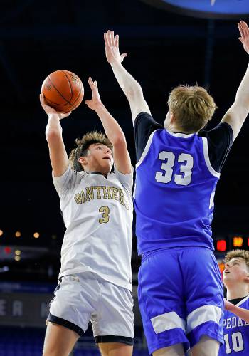 Pioneerâs Kurt Redeker (3) attempts a shot over Hopedaleâs Danny Carroll (33) in the second quarter of the MIAA Div. 5 state championship Saturday at the Tsongas Center in Lowell. 