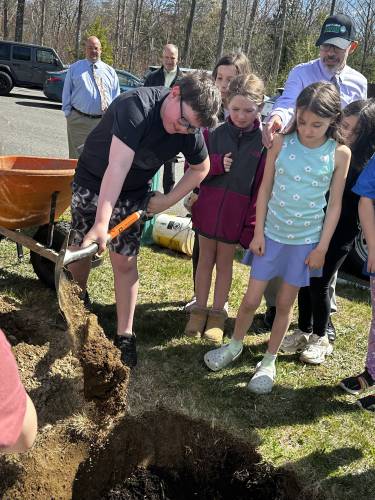 Students from Athol Community Elementary School shovel dirt as they plant an October Glory red maple for the town’s Arbor Day event on Wednesday.