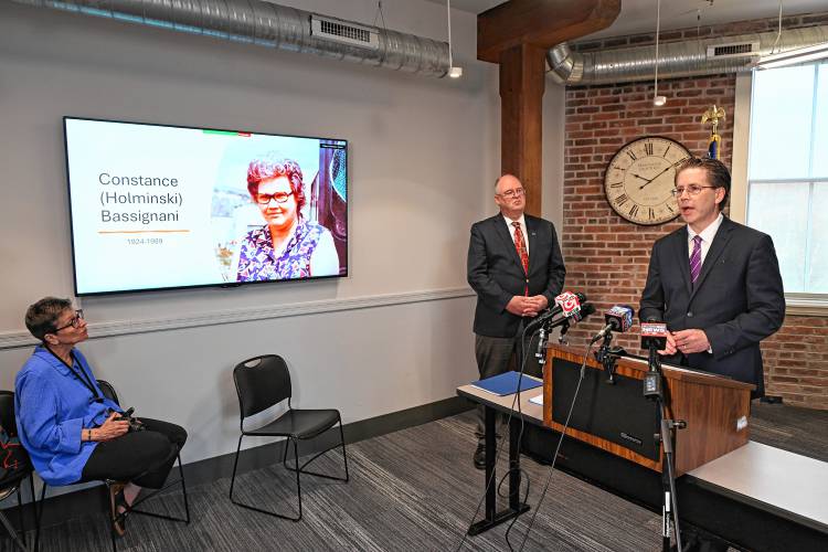 Northwestern District Attorney David Sullivan and First Assistant District Attorney Steven Gagne, right, announce the identity of identity of a homicide victim found in Warwick in 1989 as Constance (Holminski) Bassignani. DA’s office spokesperson Laurie Loisel is pictured at left.