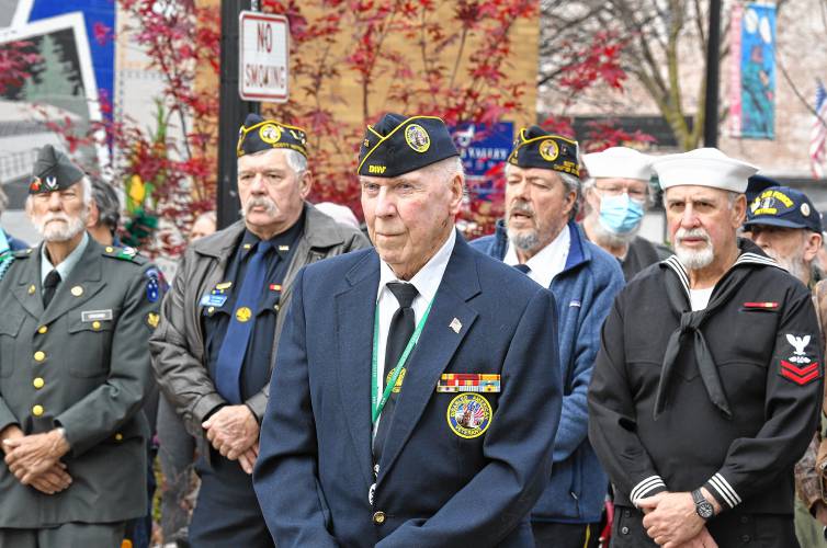 A group of veterans at a Veterans Day ceremony in Greenfield.
