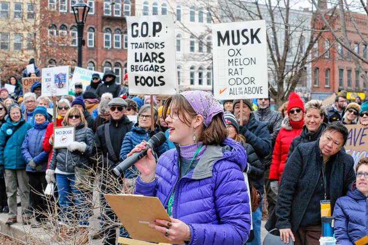 Marisol Pierce Bonifaz of Amherst Young Feminists speaks to the hundreds gathered in Pulaski Park during a rally Sunday afternoon organized by the group Northampton Resists.