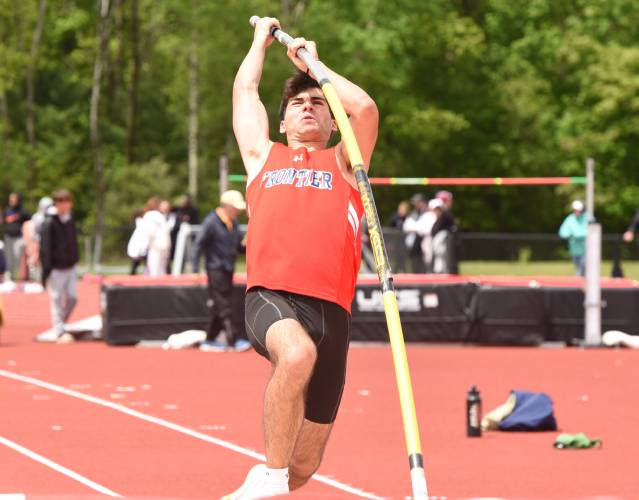 Frontier Regional’s Adrien Pazmandy competes in the pole vault at the Division 2 Western Massachusetts championships at Mount Greylock Regional School on Saturday afternoon.