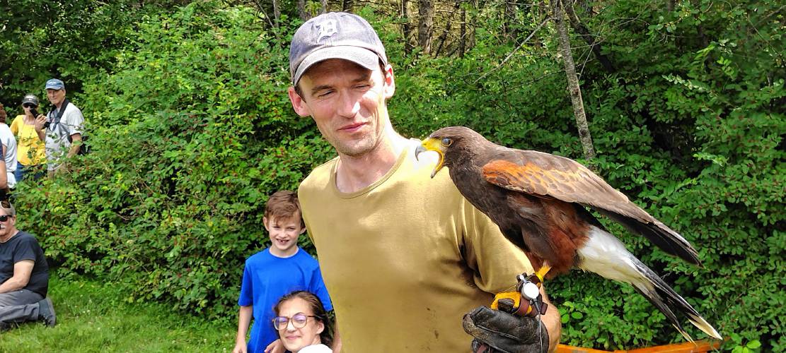 Henry Walters and Harris's hawk Mahood.