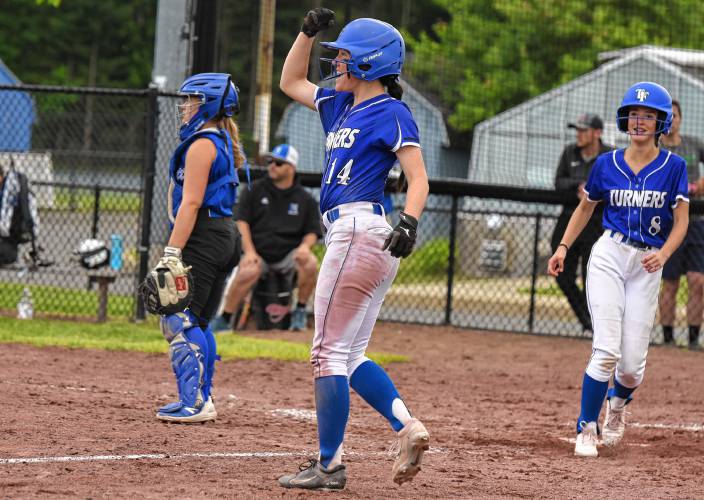 Turners Falls’ Mia Marigliano (14) pumps her fist after scoring a run in the fifth inning of the Thunder’s 11-4 victory over Narragansett in the MIAA Division 5 quarterfinal on Saturday at Gary Mullins Field.