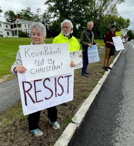 Activists gather in Northfield to protest Thomas Aquinas College’s selection of Kevin Roberts as its 2025 commencement speaker.