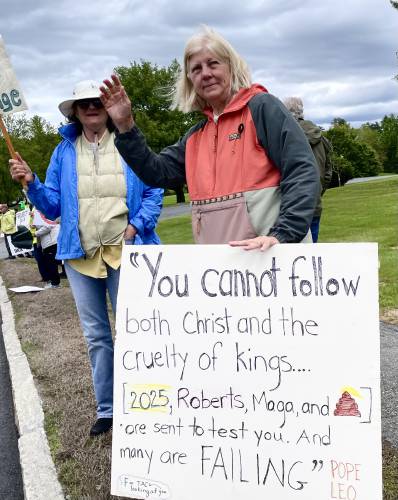 Activists gather in Northfield to protest Thomas Aquinas College’s selection of Kevin Roberts as its 2025 commencement speaker.