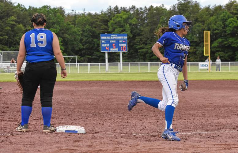Turners Falls’ Ivy Lopez rounds third and heads toward home to score a run in the Thunder’s 11-4 victory over Narragansett in the MIAA Division 5 quarterfinal on Saturday at Gary Mullins Field.