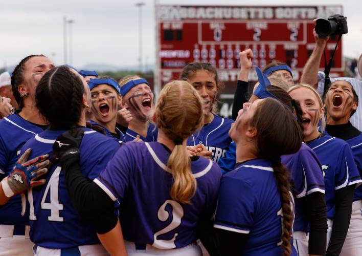 Turners Falls players celebrate after defeating Greenfield to win the MIAA Division 5 softball state championship Saturday at UMass.