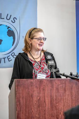 Christine McCarthy, Polus program participant, shares her testimony during the grant announcement on Tuesday, Feb. 4.