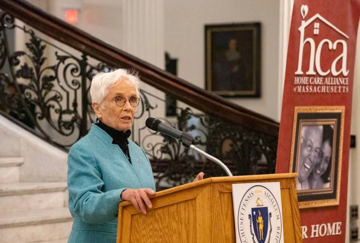 Sen. Patricia Jehlen speaks at a home care lobby day at the State House on Jan. 30, 2024. Sen. Patricia Jehlen speaks at a home care lobby day at the State House on Jan. 30, 2024.