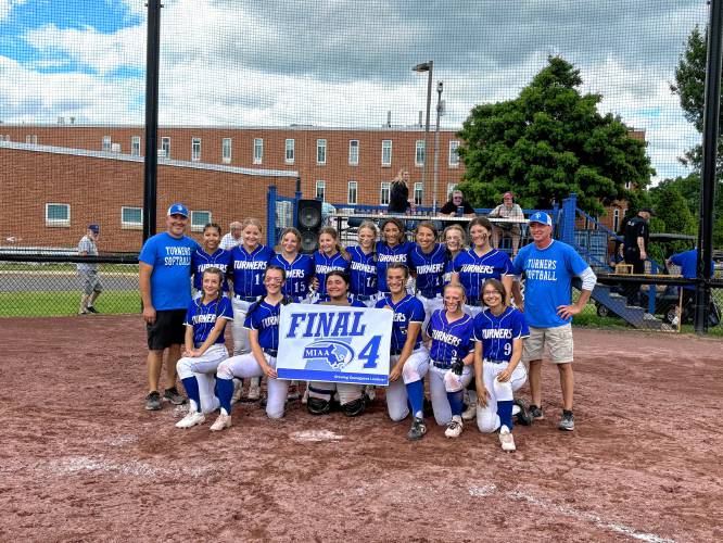 The Turners Falls softball team after defeating Narragansett, 11-4, to advance to the MIAA Div. 5 semifinals.