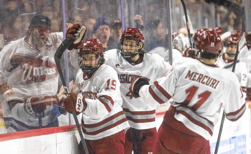 UMass right wing Cole O'Hara (19) celebrates with teammates after scoring a goal against Boston College earlier this season. UMass right wing Cole O'Hara (19) celebrates with teammates after scoring a goal against Boston College earlier this season.