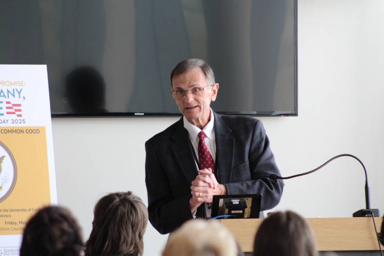 Superior Court Judge John Agostini speaks to students about the importance of the judicial system at the Franklin County Justice Center in Greenfield on Thursday.