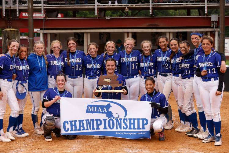 Turners Falls players pose for a team photo after winning the MIAA Division 5 softball state championship Saturday at UMass.