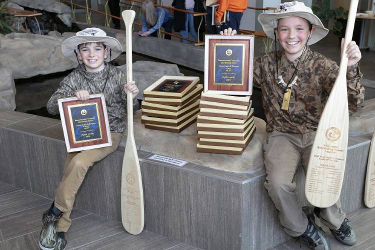 Brothers Ryker, 10, and Kyler Leslie, 13, of Petersham, were tied for Youth Angler of the Year after each caught 23 of the 24 eligible species in MassWildlife’s 2024 Sportfishing Awards Program.