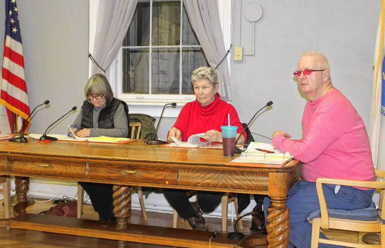 From left, Orange Selectboard Vice Chair Pat Lussier, member Jane Peirce and Chair Tom Smith at Wednesday’s meeting. From left, Orange Selectboard Vice Chair Pat Lussier, member Jane Peirce and Chair Tom Smith at Wednesday’s meeting.