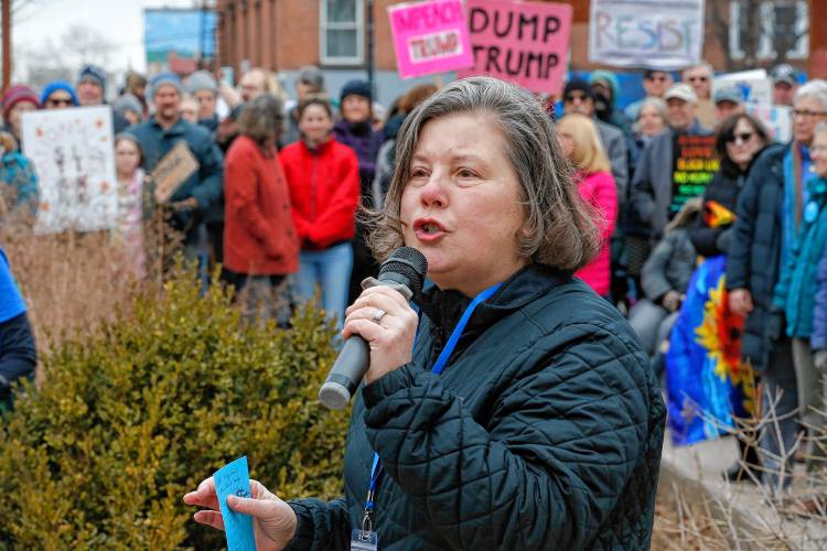 State Sen. Jo Comerford, D-Northampton, speaks to the hundreds gathered in Pulaski Park during a rally Sunday afternoon organized by the group Northampton Resists.