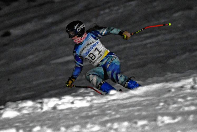 Mohawk Trail’s Addie Loomis competes in the giant slalom en route to a first-place finish during PVIAC Meet No. 1 at Berkshire East Mountain Resort in Charlemont on Thursday night. 