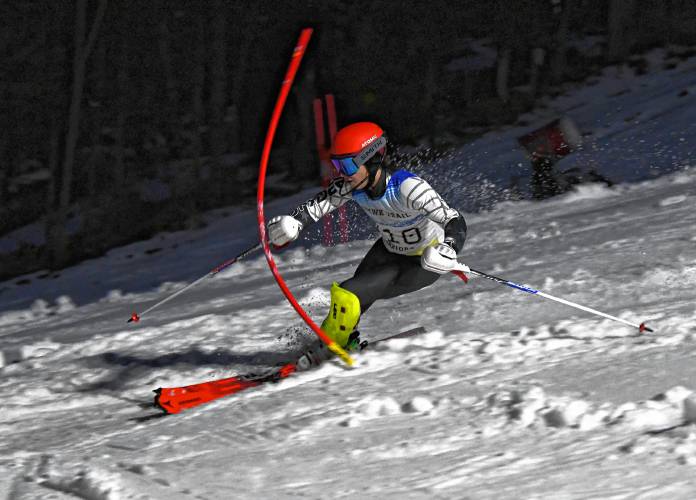 Mohawk Trail’s Phineas Tuttman competes in the slalom during PVIAC Meet No. 1 at Berkshire East Mountain Resort in Charlemont on Thursday night.