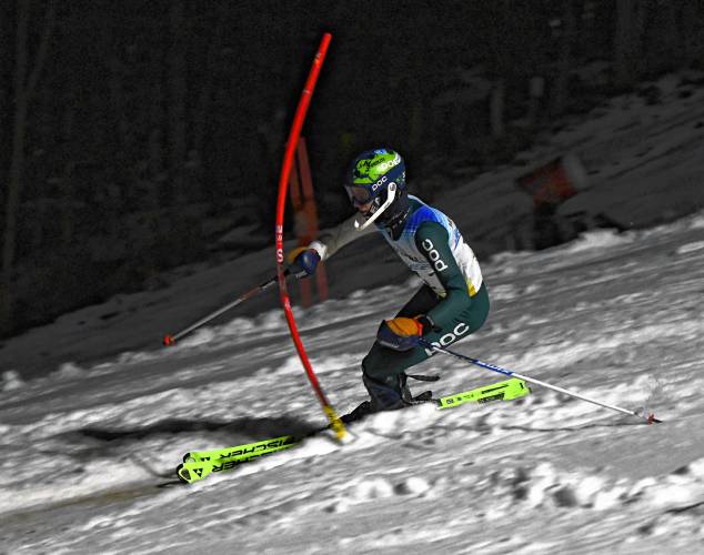 Mohawk Trail’s Weston Den Ouden competes in the slalom during PVIAC Meet No. 1 at Berkshire East Mountain Resort in Charlemont on Thursday night.