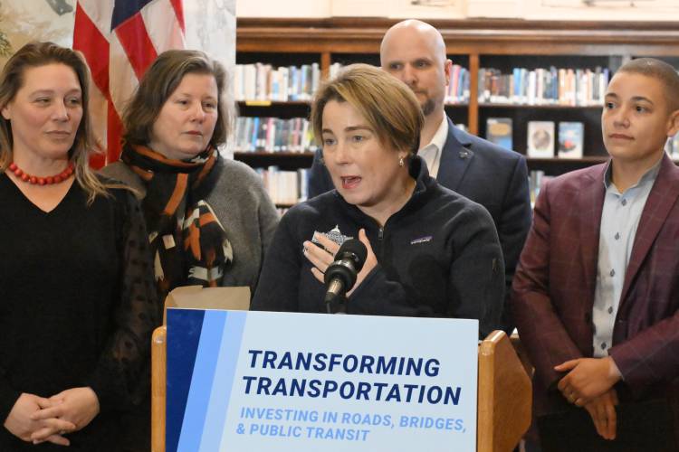 Massachusetts Gov. Maura Healey talks about her transportation funding plan to help with road, bridges and other infrastructure at the Field Memorial Library in Conway Thursday afternoon.