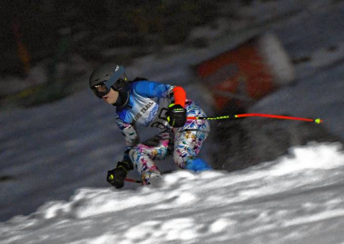 Mohawk Trail’s Sofiya Slocik-Gritzner competes in the giant slalom during PVIAC Meet No. 1 at Berkshire East Mountain Resort in Charlemont on Thursday night.