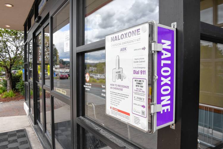 Naloxone overdose kits are located next to the emergency entrance to Baystate Franklin Medical Center in Greenfield.
