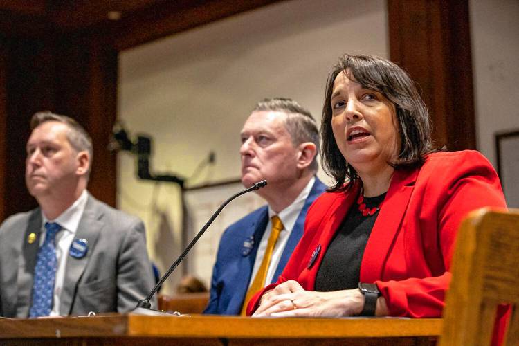 Lt. Gov. Kim Driscoll (right) testifies before the Joint Committee on Bonding about the administration’s housing bill on  April 2, 2024, accompanied by Administration and Finance Secretary Matthew Gorzkowicz (left) and Housing Secretary Edward Augustus (center).