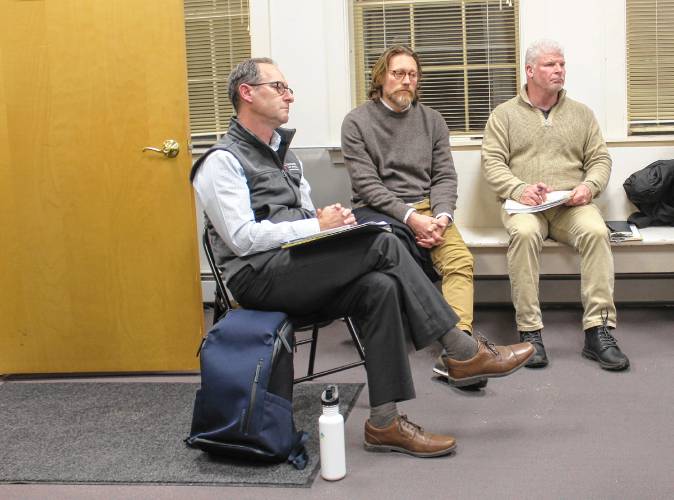 From left, Marc Goldstein, the attorney representing New Salem Museum and Academy of Fine Art and owners Vincent and Laura Barletta, the museum’s Director Michael Klein and Project Manager Chris Lowman listen to New Salem Planning Board members speak at a public hearing on Wednesday. From left, Marc Goldstein, the attorney representing New Salem Museum and Academy of Fine Art and owners Vincent and Laura Barletta, the museum’s Director Michael Klein and Project Manager Chris Lowman listen to New Salem Planning Board members speak at a public hearing on Wednesday.