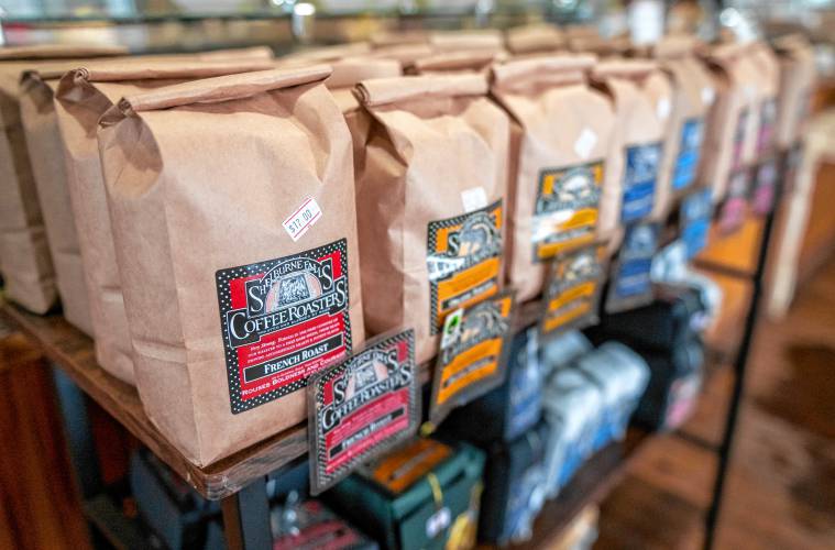 Bags of coffee sit on display at Shelburne Falls Coffee Roasters in Hadley.