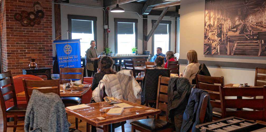 Kelsey Wilson speaks to the Northampton Rotary Club at the Old Mill in Hatfield.
