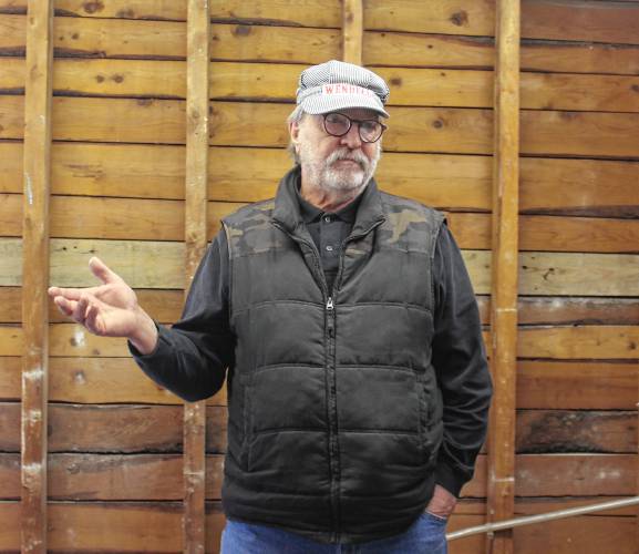 Wendell Historical Society President Ed Hines speaks at the former depot store and post office at 466 Wendell Depot Road in Wendell on Friday during a visit by U.S. Rep. Jim McGovern and Director of Rural Affairs Anne Gobi.