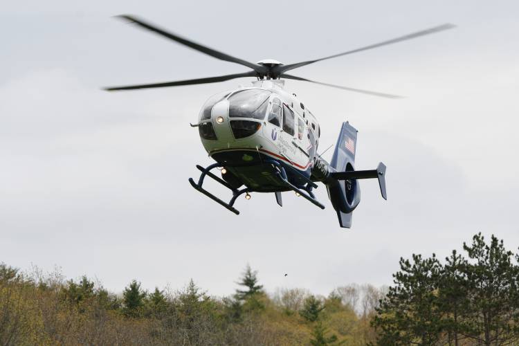 UMass Memorial Life Flight Lands at Athol High School, scene of the mock accident presentation “Arrive Alive,” held on  May 6.