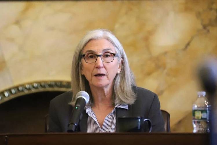 Sen. Cindy Friedman presides over a hearing at the State House on Wednesday, April 2.