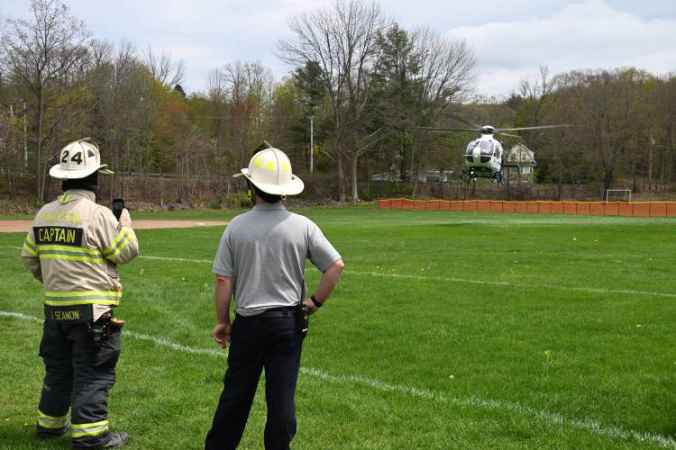 UMass Memorial Life Flight Lands at Athol High School, scene of the mock accident presentation “Arrive Alive,” held on Monday, May 6.