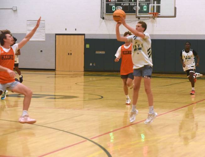 Greenfield's Grayson Thomas takes a 3-pointer against Keene on Wednesday in the boys varsity championship game of the DRIVE League at Greenfield High School. 