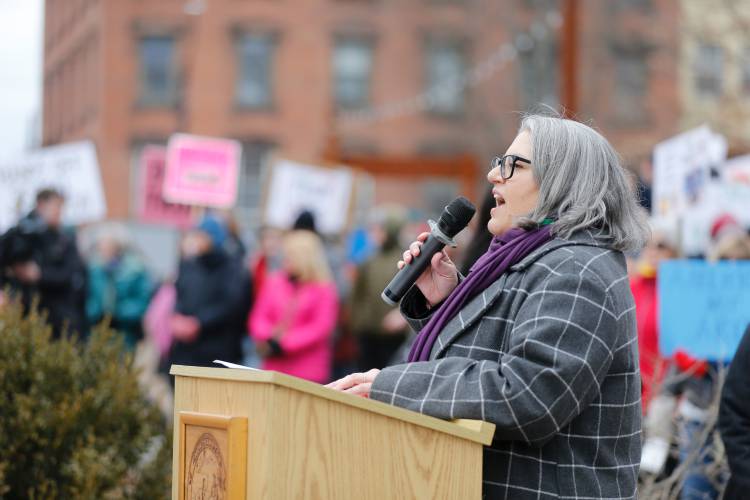 Northampton Mayor Gina-Louise Sciarra speaks to the hundreds gathered in Pulaski Park during a rally Sunday afternoon organized by the group Northampton Resists.