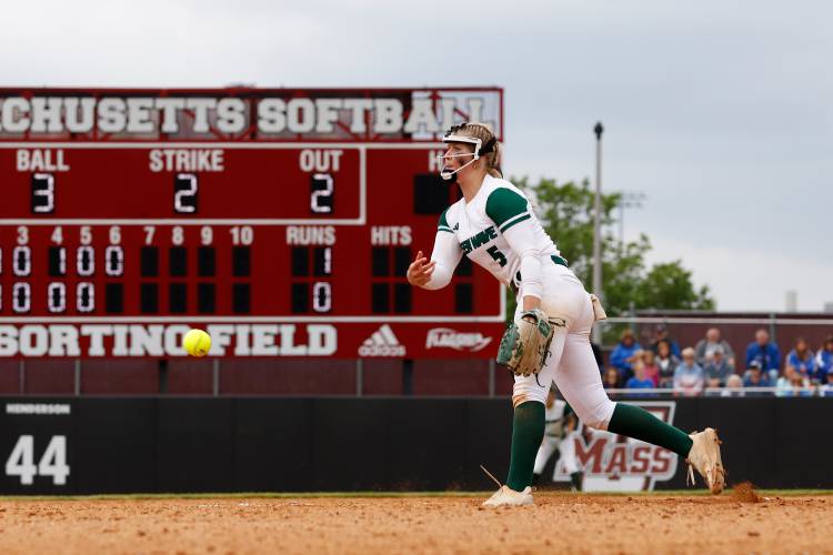 Greenfield pitcher MacKenzie Paulin (5) throws against Turners Falls during the MIAA Division 5 softball state championship Saturday at UMass.