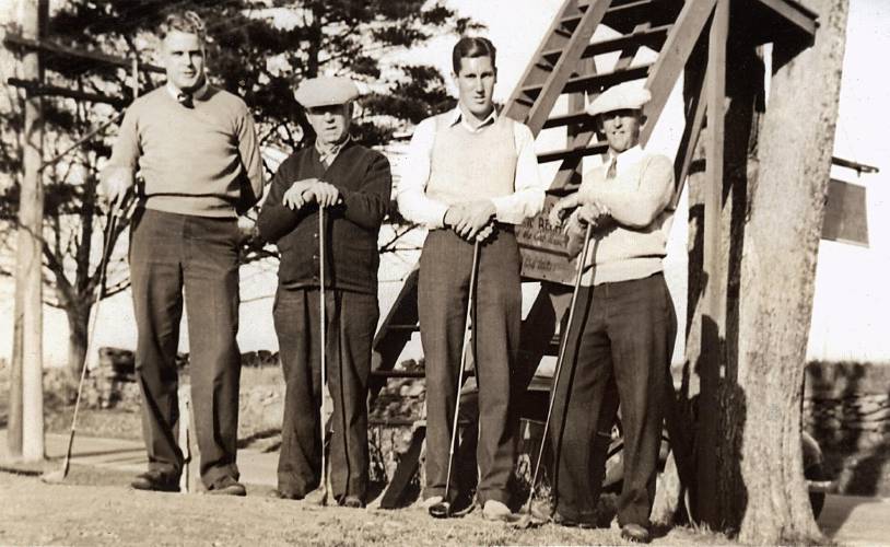 This photo from the 1930s sees Francis Rist, Ken Aiken, “Pete” Deane and an unknown golfer standing at the first tee of Athol’s Ellinwood Country Club.