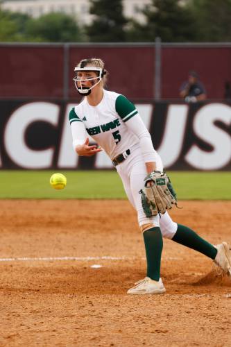 Greenfield pitcher MacKenzie Paulin (5) throws against Turners Falls during the MIAA Division 5 softball state championship Saturday at UMass.