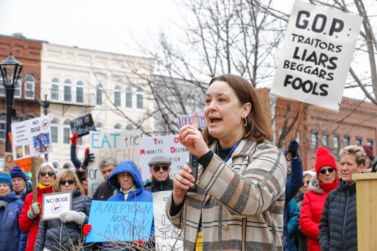 State Rep. Lindsay Sabadosa, D-Northampton, speaks to the hundreds gathered in Pulaski Park during a rally Sunday afternoon organized by the group Northampton Resists.